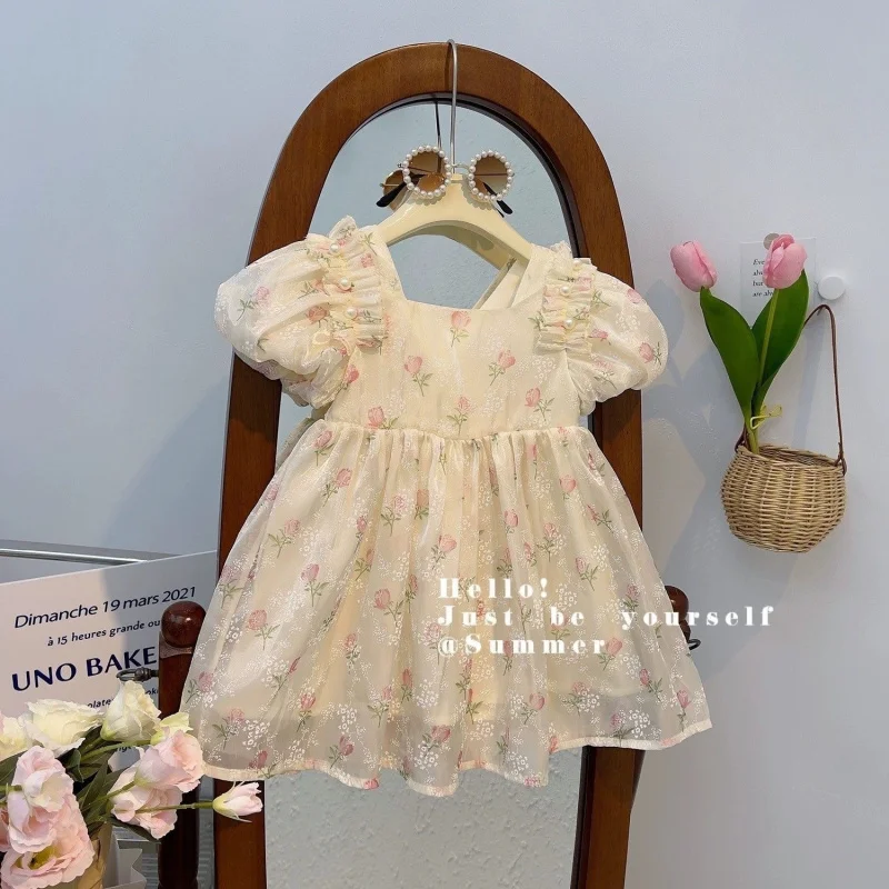 Girls' princess dress summer outfit2026New stylish children's floral dress with bow and puff sleeves for little girls