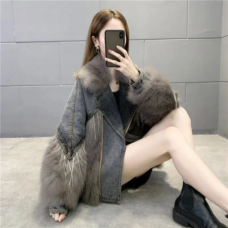 Women Winter New Fashion Denim Imitation Fox Fur Stitching Fur Coat Parkas Oversized Workwear Thick Outwear Casual Denim Jacket