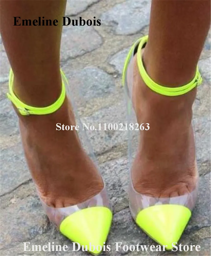 PVC Patchwork Pumps Emeline Dubois Pointed Toe Neon Yellow Clear Transparent Stiletto Heel Shoes Ankle Straps High Heels Size 45