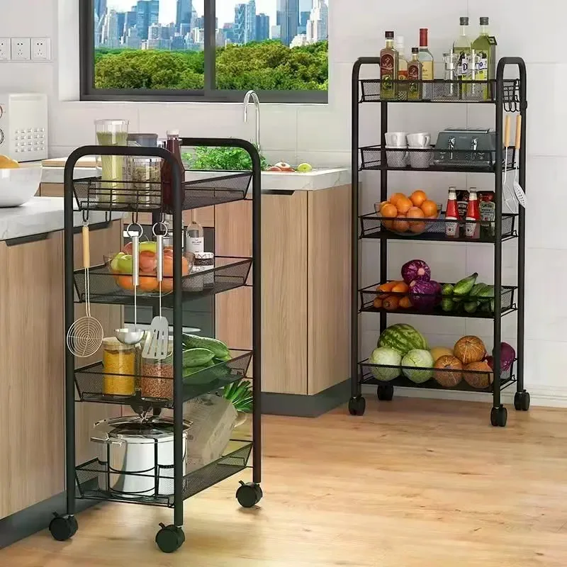 Rolling Storage Cart with Removable Metal Wire Baskets - 3/4/5 Tier Slim Utility Racks, Space-Saving Gap Organizer with Wheels for Kitchen Food Storage, Rust-Proof Apartment Accessories (10 - 15 Kg Capacity)