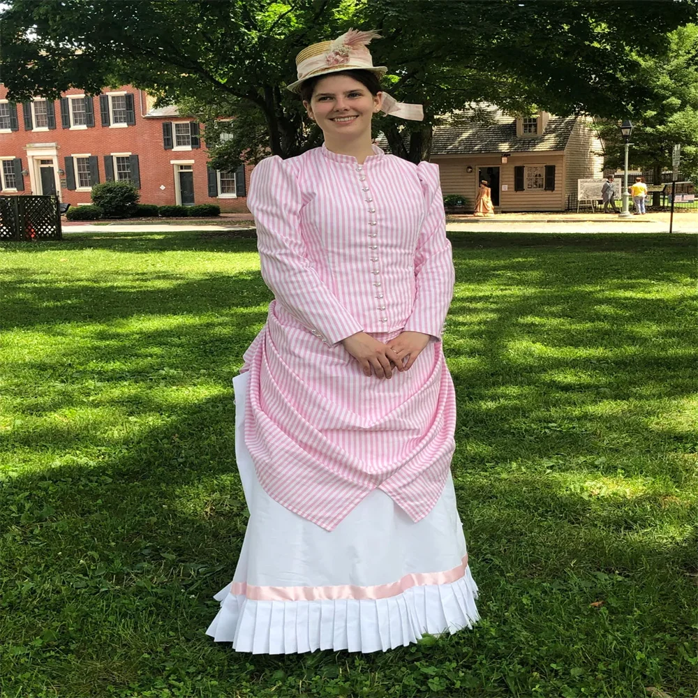 

1887s Victorian Edwardian Gothic Pink White Strips Bustle Dress Civil War Southern Belle Masquerade Ball Gown
