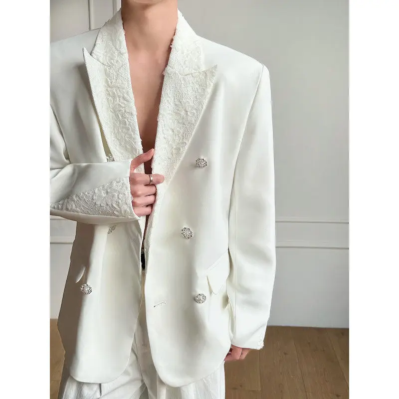 

2026SS New Lace Splicing Double Button Men's Loose oulder Pad Floral Gem Dr Suit Jaet Faion Urban Sle Wedding Danc...