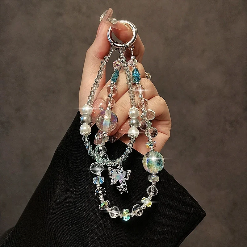 Y2k Luxury Butterfly Crystal Bead Mobile Phone Lanyard Wrist Strap Lady Hand-held Chain Short Anti-lost Cell Phone Key Pendant