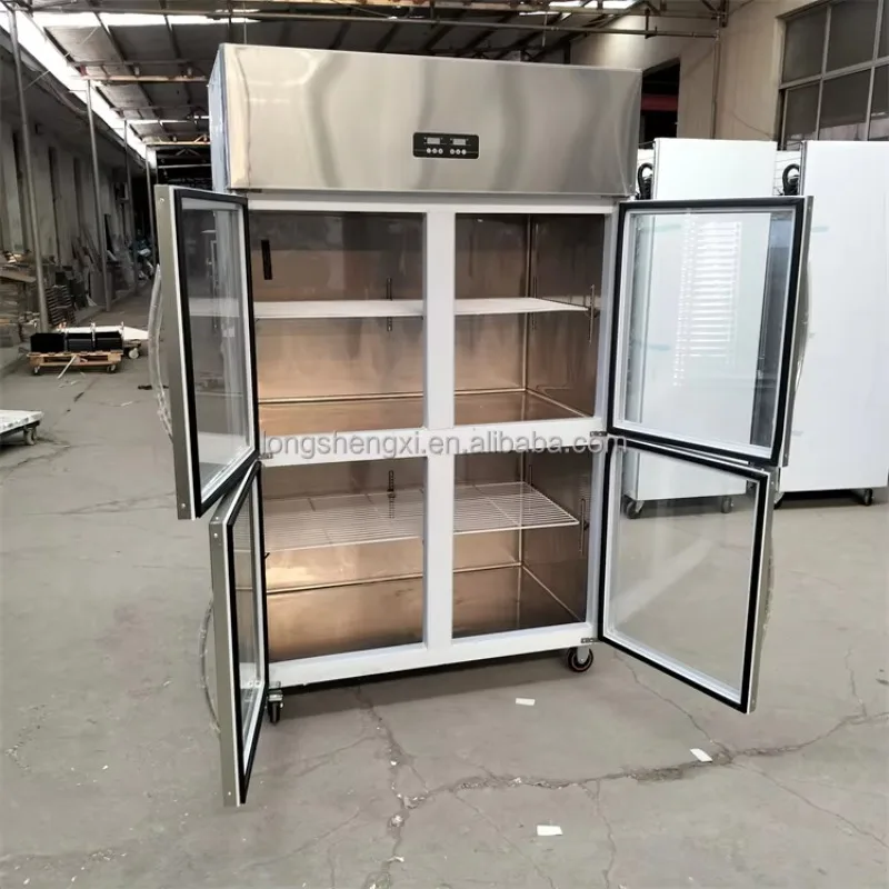 

Stainless Steel 4-Door Commercial Kitchen Refrigerator Freezer with Single-Temperature Glass Door Style
