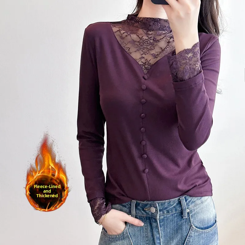 

Thiened Long Sve Lace Splicing Base irt Women's Autumn Winter New Sle f High Collar Fce Inner Wear High End Fe...