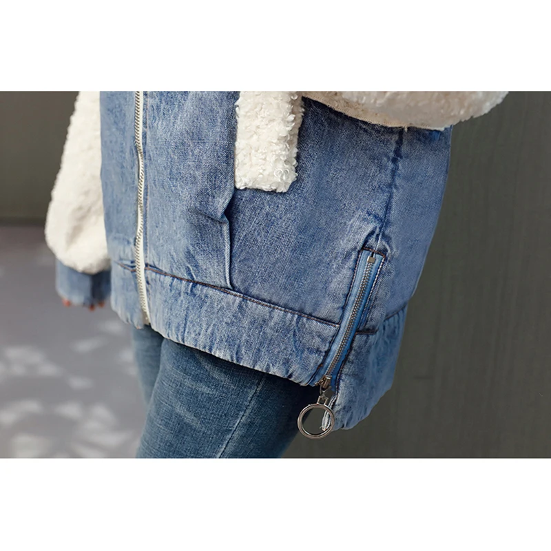 New Winter Parka Female Korean Loose Lamb Wool Plus Velvet Thicke Short Denim Jacket Outerwear Women lLetters Hooded Streetwear