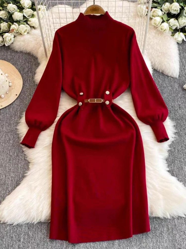 Women Knitted Dress Autumn Winter Slim Long Sleeve Korean Dresses Ladies Elegant Solid Casual Sweater Dress Robe Vestidos