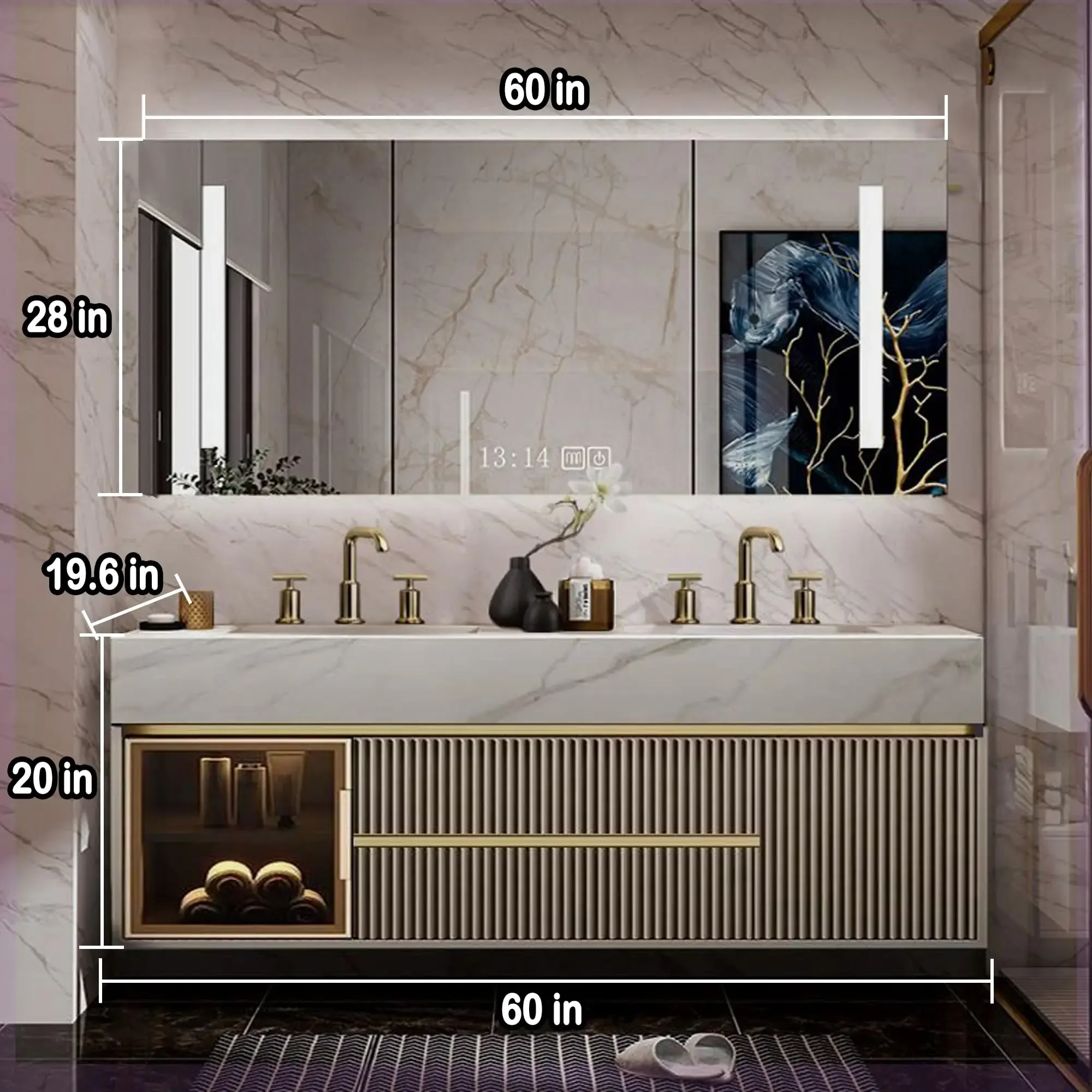 60IN-84IN Golden Bathroom Vanity Double Sink with Intelligent Touch Control One-Button Storage Large Capacity Wave Design