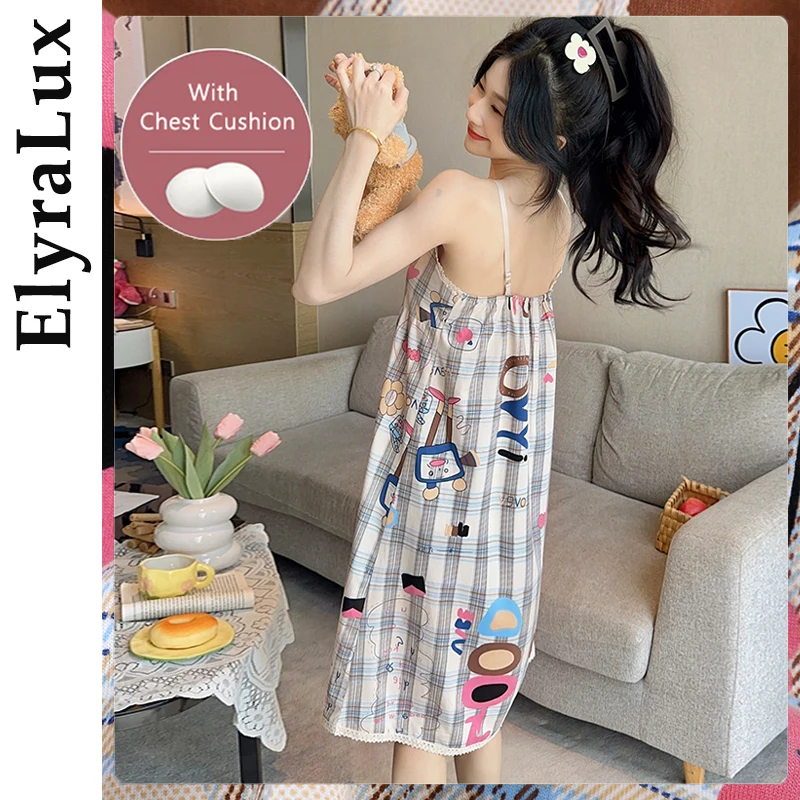 

ElyraLux Summer Female Suspender Nightdress with Chest Pad Cute Print Girls Homewear Long Nightgown Comfort Cloths
