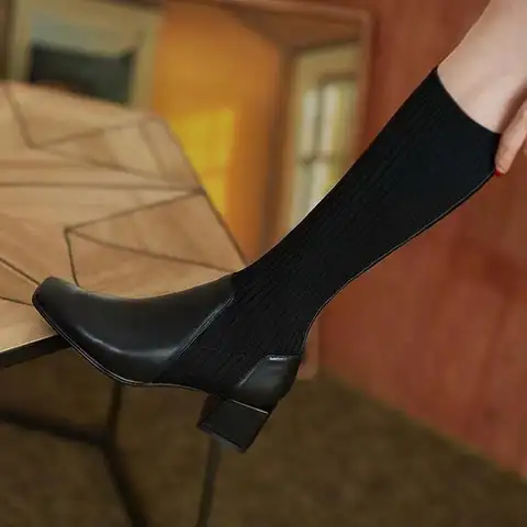 घुटने जांघ उच्च सॉक जूते महिला शीतकालीन 2024 बूट महिलाओं के लिए महिलाओं के लंबे जूते में नए सुरुचिपूर्ण शरद ऋतु ब्राउन वेजेज लोचदार हॉट 10 best sales महिलाओं के लिए सॉक बूट - №7