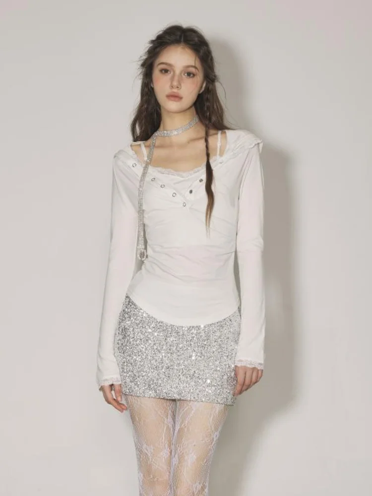 QWEEK Y2k Coquette Lace Kawaii T Shirt with Hood Women 2024 Fashion Slim Skinny Long Slevee Tops Autumn