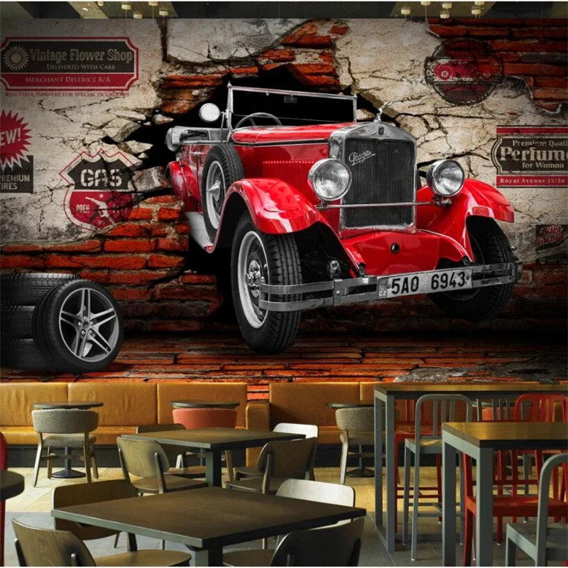 Custom Wallpaper 3d Photo Murals Stereo Retro Nostalgic Motorcycle Bar Background Painting Vintage Car Walking wall paper обои