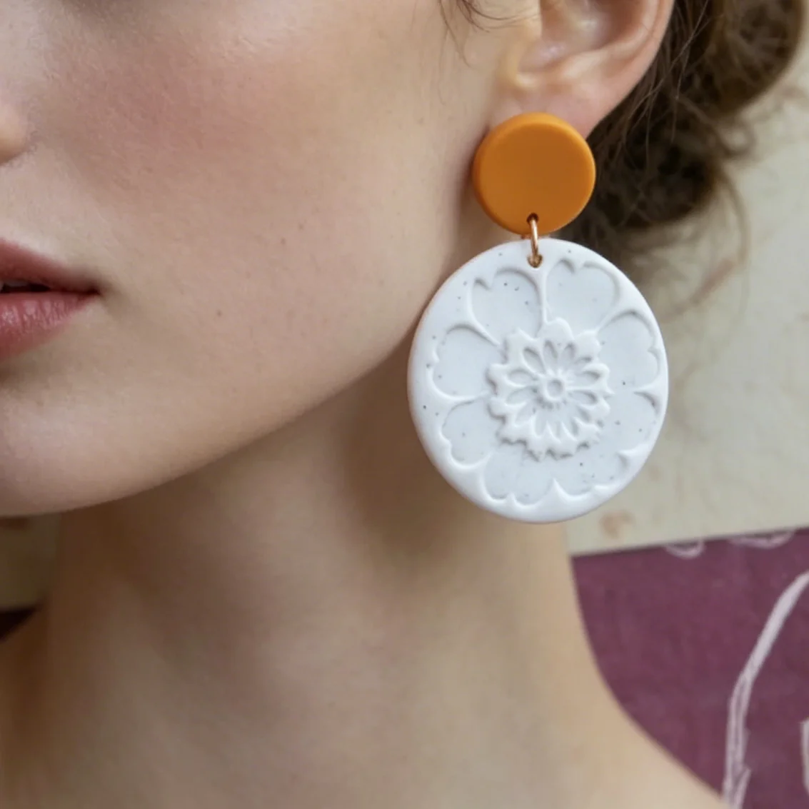 Vintage Multi-Shapes Flower & Feather Stamped Leaf Polymer Clay Earrings Sets in Pale Colors Handmade Jewelry For Women Elegant