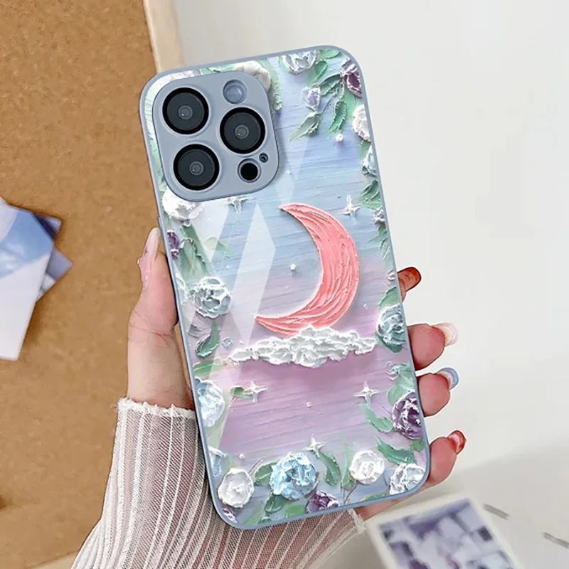 Etui ze szkła hartowanego Stars and Moon do iPhone'a 12 Etui iPhone 14 15 11 13 Pro Max X XR XS Max 7 8 14 15 Plus SE 2020 Cover Funda