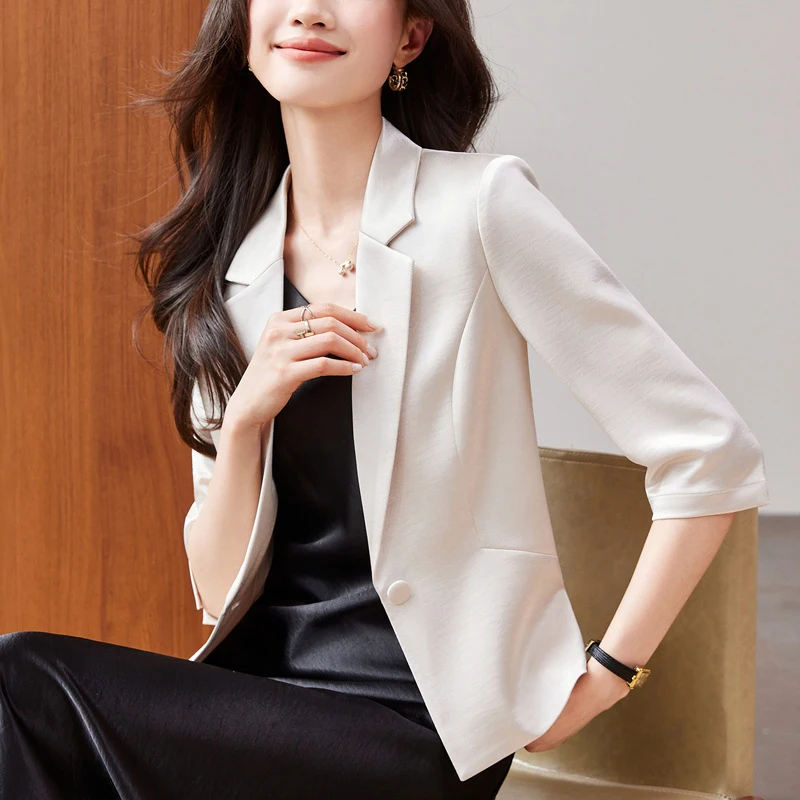 GDX3039Apricot-colored women's blazer2026Summer lightweight three-quarter sleeve top, elegant waist-cinching casual blazer