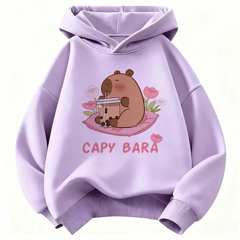 Casual Hoodies for Boys and Girls – Cute Capybara Drinking Juice Print – Warm School-Ready Pullover for Spring and Autumn