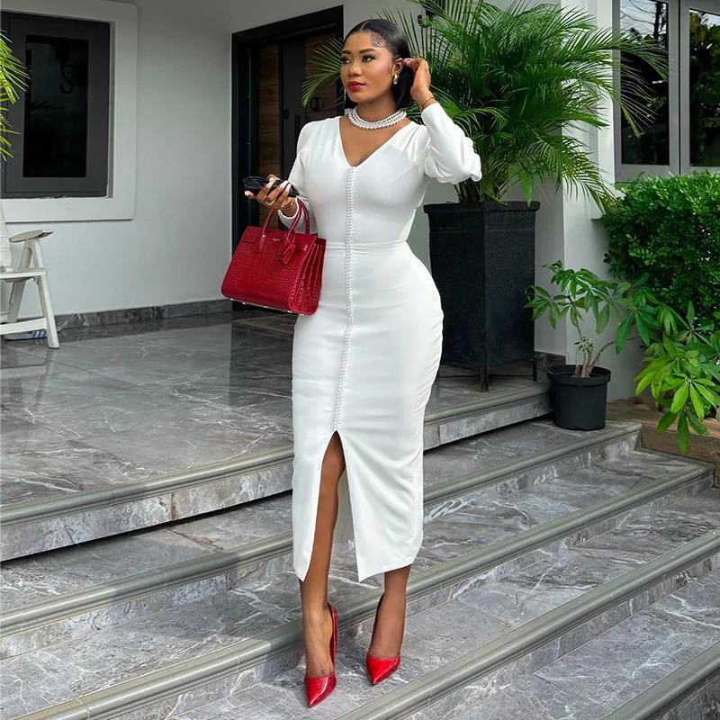 

European and american women's clothing2024Autumn New Elegant BeadedVCollar High Waist One-Step Skirt Split Dress