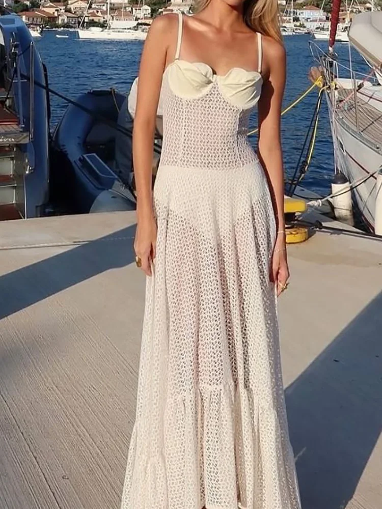 새로운 해변 스타일 할로우 시어 파티 원피스, 여성용 민소매, 섹시하고 우아한 맥시 원피스, 백리스 스파게티 스트랩, 여성용 원피스, 여름