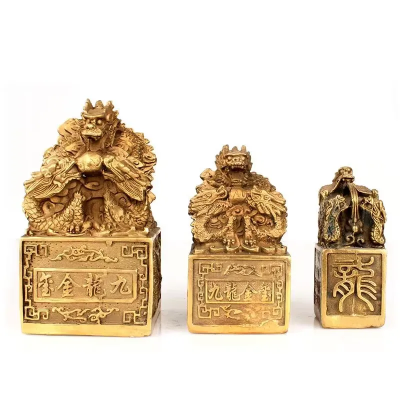 Golden Dragon Statue Emperor Nine Dragons Jade Seal Seal Sculpture Brass Chinese Dragon Seal Home Decoration Dragon Beast Crafts