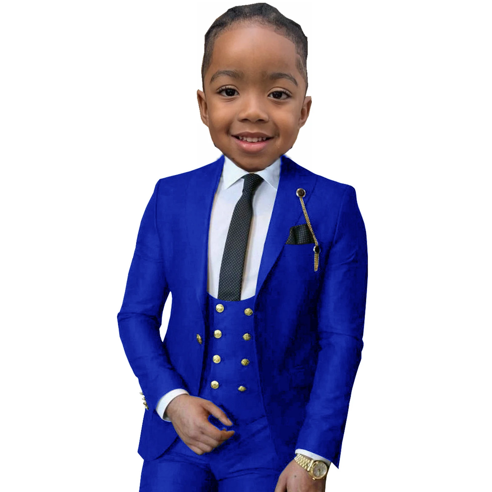 Royal Blue Boys Suit Wedding Tuxedo 3 Piece Peaked Lapel Jacket Pant Vest Child Formal Blazer Set Outfit Costume Mariage