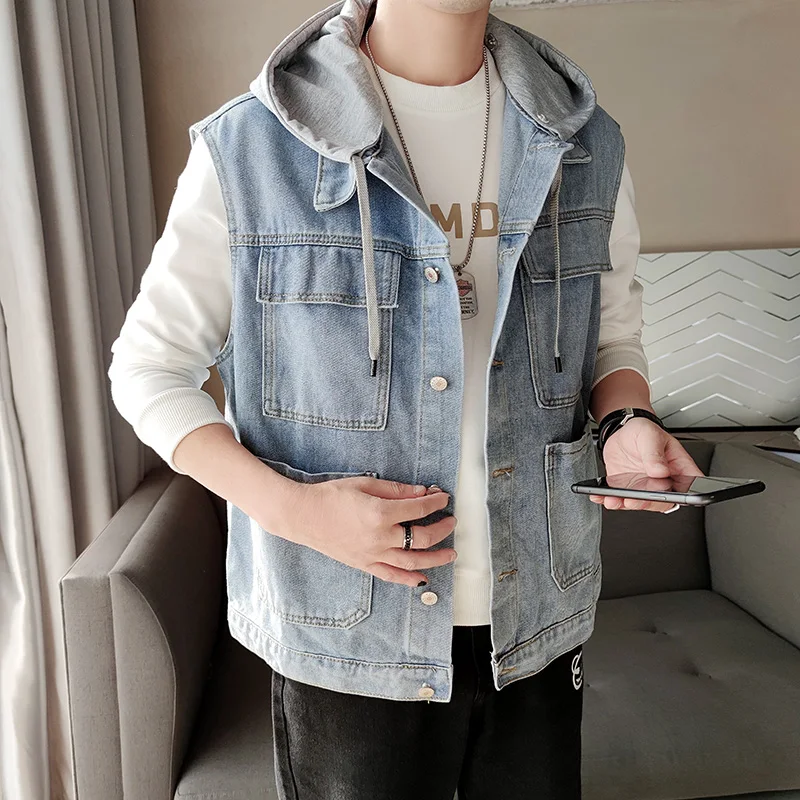 

New Denim Vest Men's Spring Autumn Clothes Sleeveless Loose All Match Tops Short Hooded Jacket Men Denim Vest Jacket Male B69