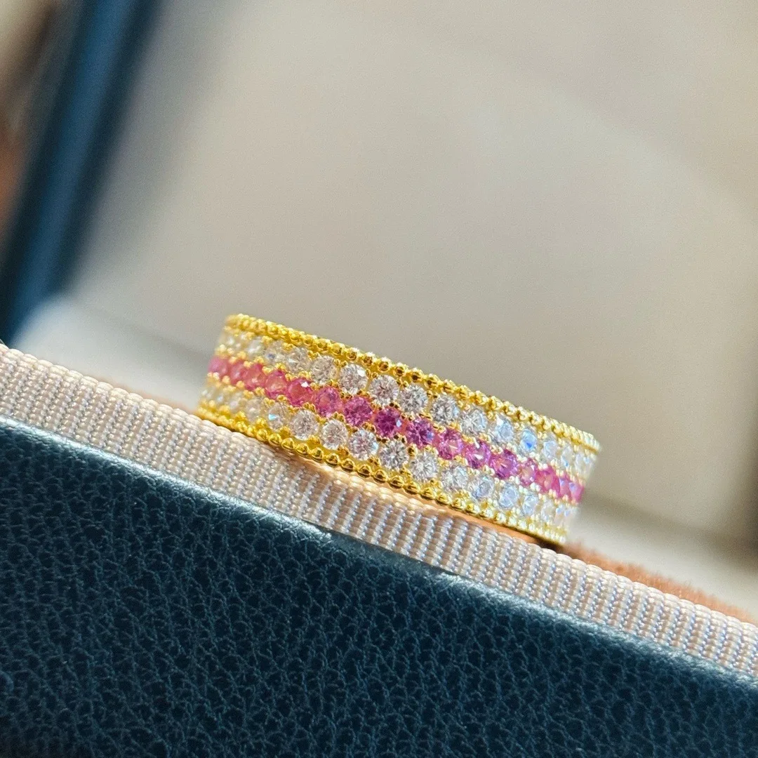Trendy Real 925 Sterling Silver Band Ring For Women Pink White Three Row Beaded Edge Anniversary Gift Luxury Fine Jewelry