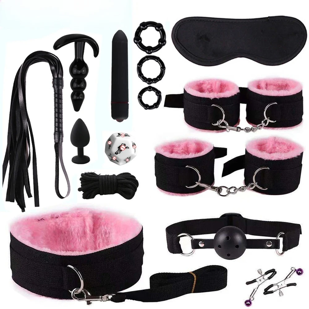Genuine Leather Couples Bondage Kit with Handcuffs Collar Gag Vibrators BDSM Adult Game Set for Women