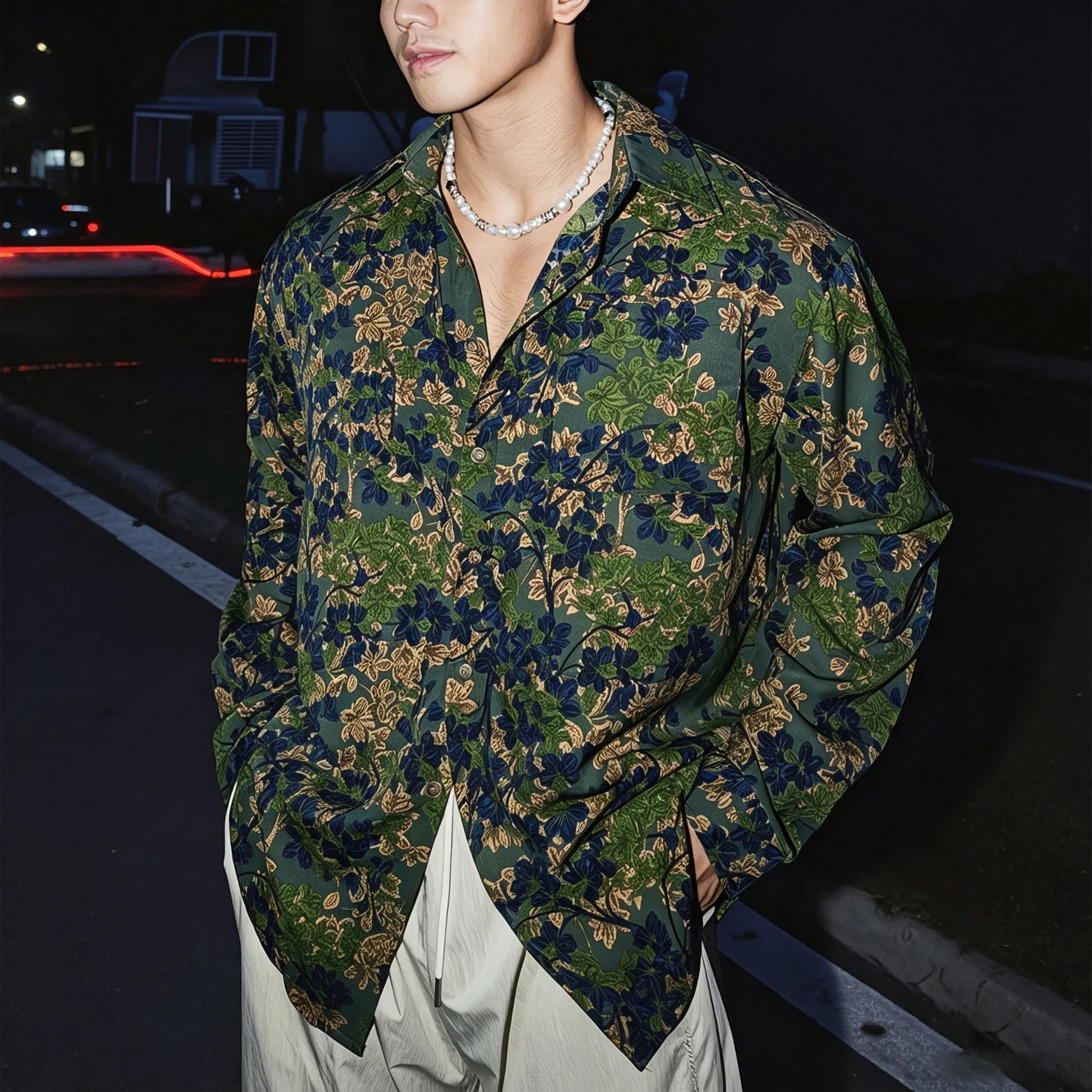 Men Long‑Sleeve Button‑Down Shirt Retro Green Floral Full Print Polyester Lapel Collar Streetwear Casual Top