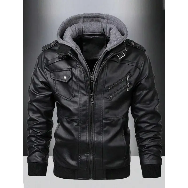 Slim Fit Men's Jacket C 85107 V-Neck Zipper Closure PU Material Long Sleeve Extended Length Winter Fashion Outerwear