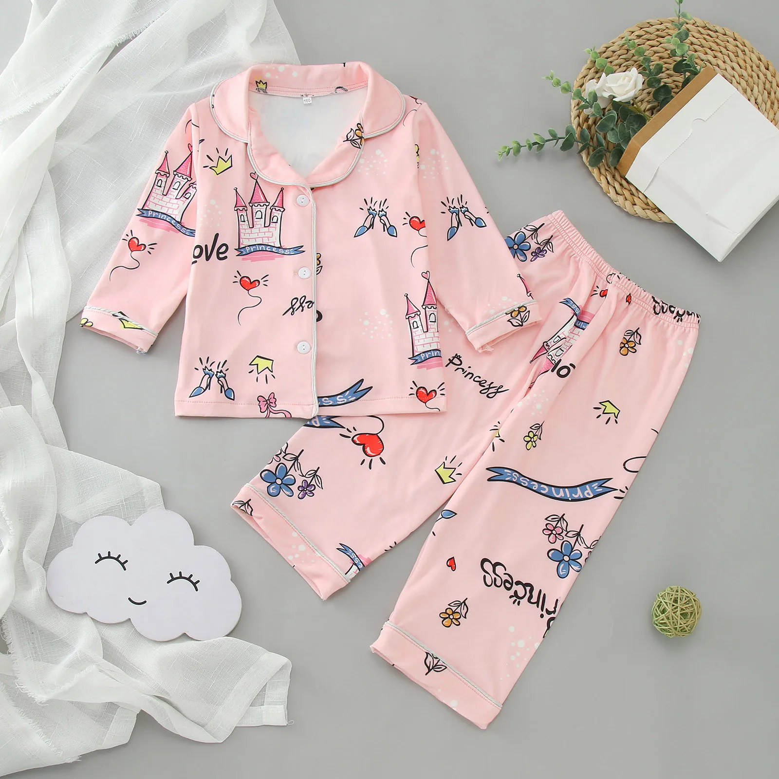 Set piyama lengan panjang motif kartun, set pakaian tidur anak perempuan motif Grafis celana panjang berkancing 2 potong