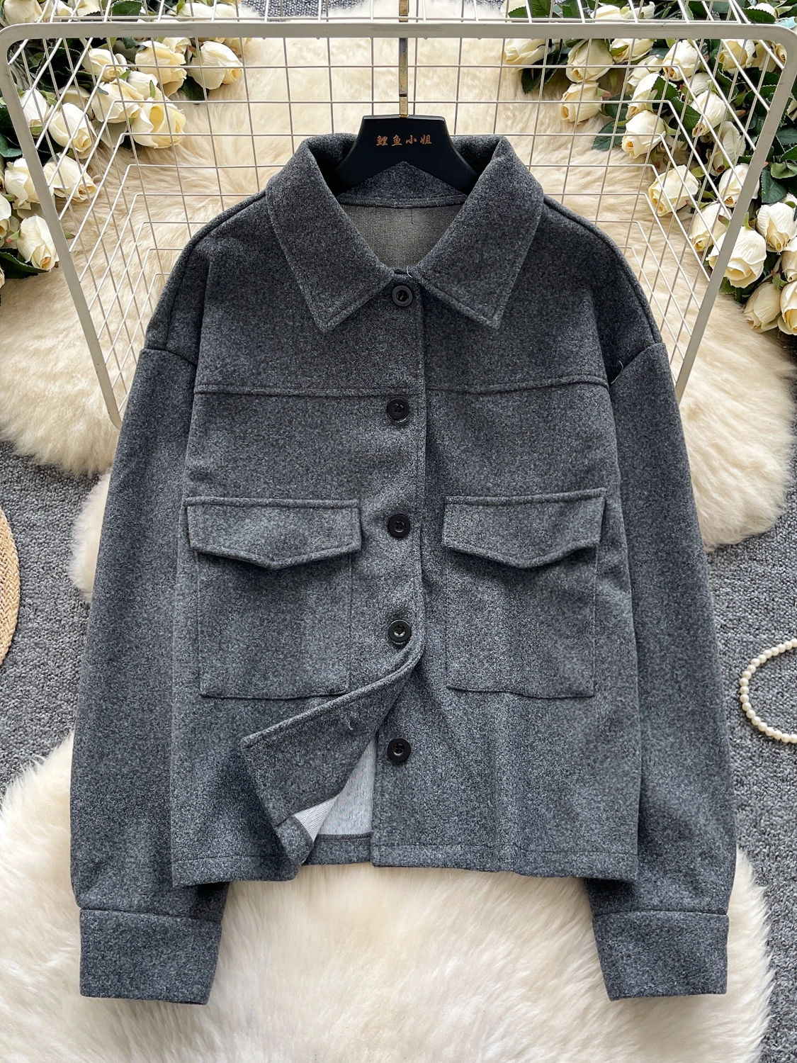 

Ele Commuter Sle ort Jaet Women's Turn-down Collar Buttoned Woolen Casual mat Cact Size Outerwear