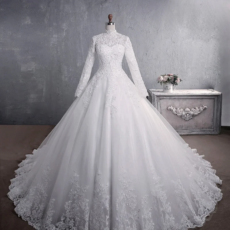 European and American Wedding Dress2024New Heavy-Duty Long-Sleeved Autumn Lace Bridal Stand Collar Large Trailing Minimalist Wed