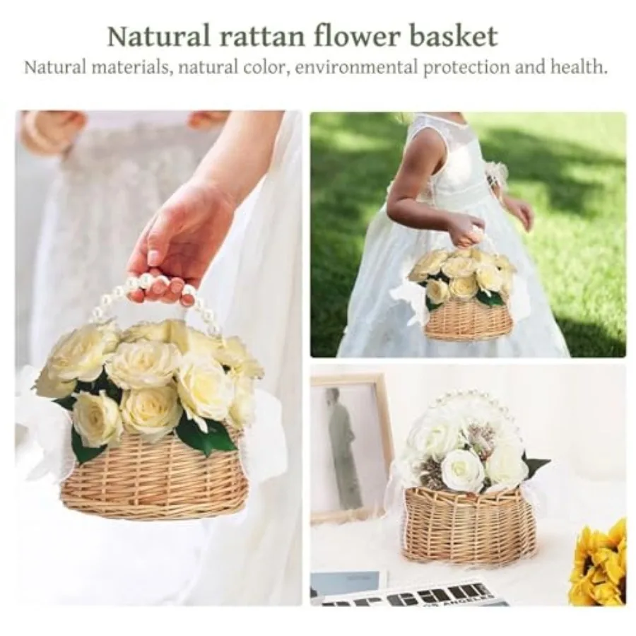 Wedding Flower Girl Basket with Pearl Handle Bow and Waterproof Lining for Outdoor Picnic Handwoven Cute Small Wicker Rattan Fa
