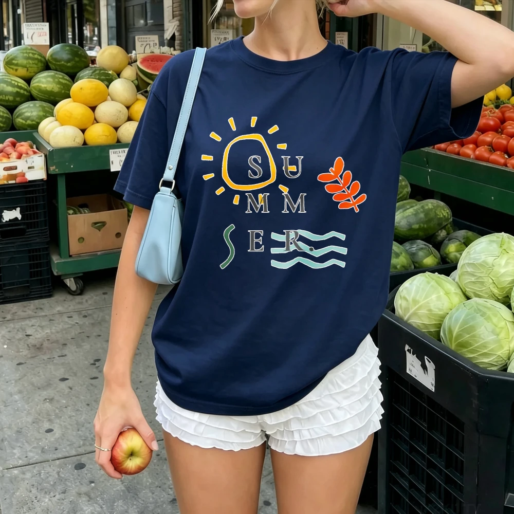 Summer Hand Drawn Letter Sun Wheat Wave Minimalist Graphic T-Shirt Simple Vacation Beach Symbol Print Navy Blue Loose Basic Tops
