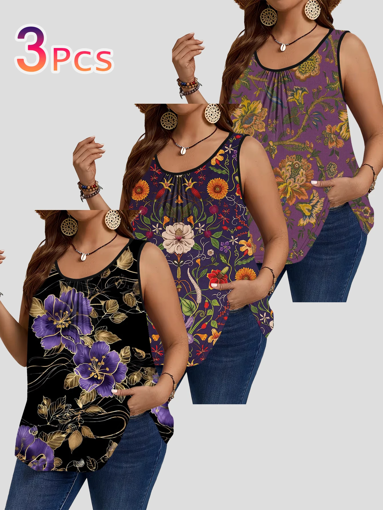 3-Piece Set of Plus-Size Women's Vintage Gold Thread Embroidered Floral Print Tank Tops, Round Neck Loose Sleeveless Tops