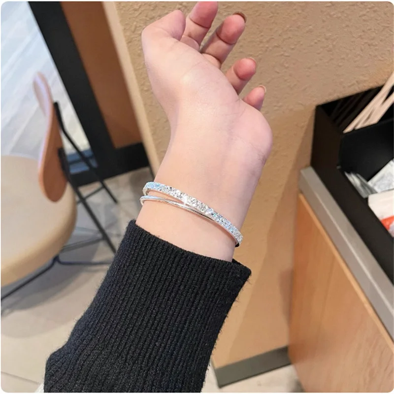999 Sterling Silver Double Interlocking Bangle for Women Shiny Crushed Ice Surface Cuff Bracelet Minimalist Stackable Fine Jewel