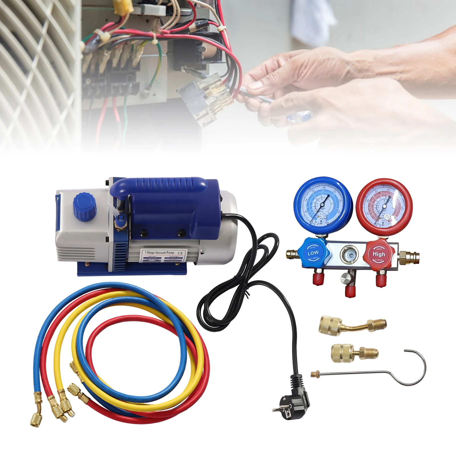 220V Vacuum Pump & Manifold Gauge Set -  A/C Refrigeration Kit Portable Rotary Vane Vacuum Pump