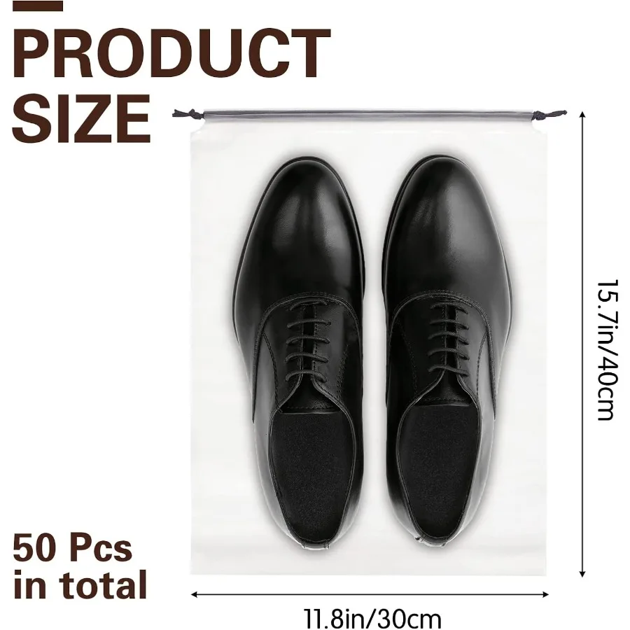 50枚入り 半透明トラベルシューズバッグ 大型クリアシューズ収納ポーチ ロープ巾着付き ポータブルD用 パッキングと整理に