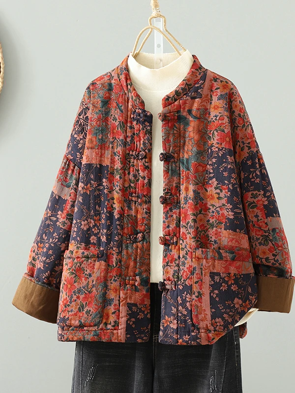 

Retro Cotton Jacket Women's New Chinese Style Filled Cotton Linen Print Outerwear Thickened Long Sleeve Stand Collar Coat