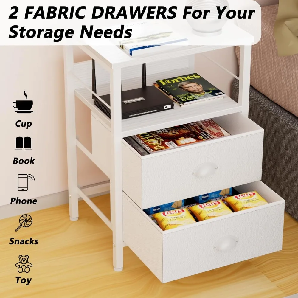 Nightstands Set 2, End Table with 2 Fabric Drawers, Bedside Table with 2 Hooks, Open Wood Shelf Side Sofa Table for Bedroom image 3