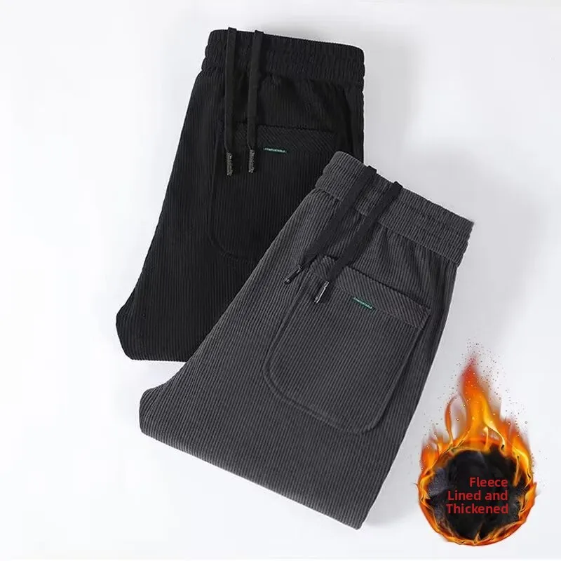 Trendy Men's Fleece Lined Sports Pants Loose Fit Straight Leg Long Trousers Casual Harlan Trousers Winter Thickened Corduroy