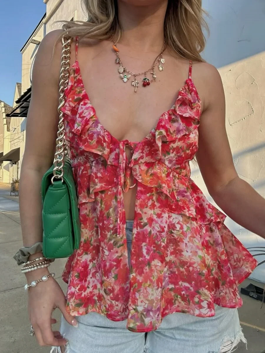 

Women Y2k Tiered Lace Ruffle Spaghetti Strap Cami Top Floral Print Babydoll Tank Top Flowy Front Tie Sleeveless Camisole