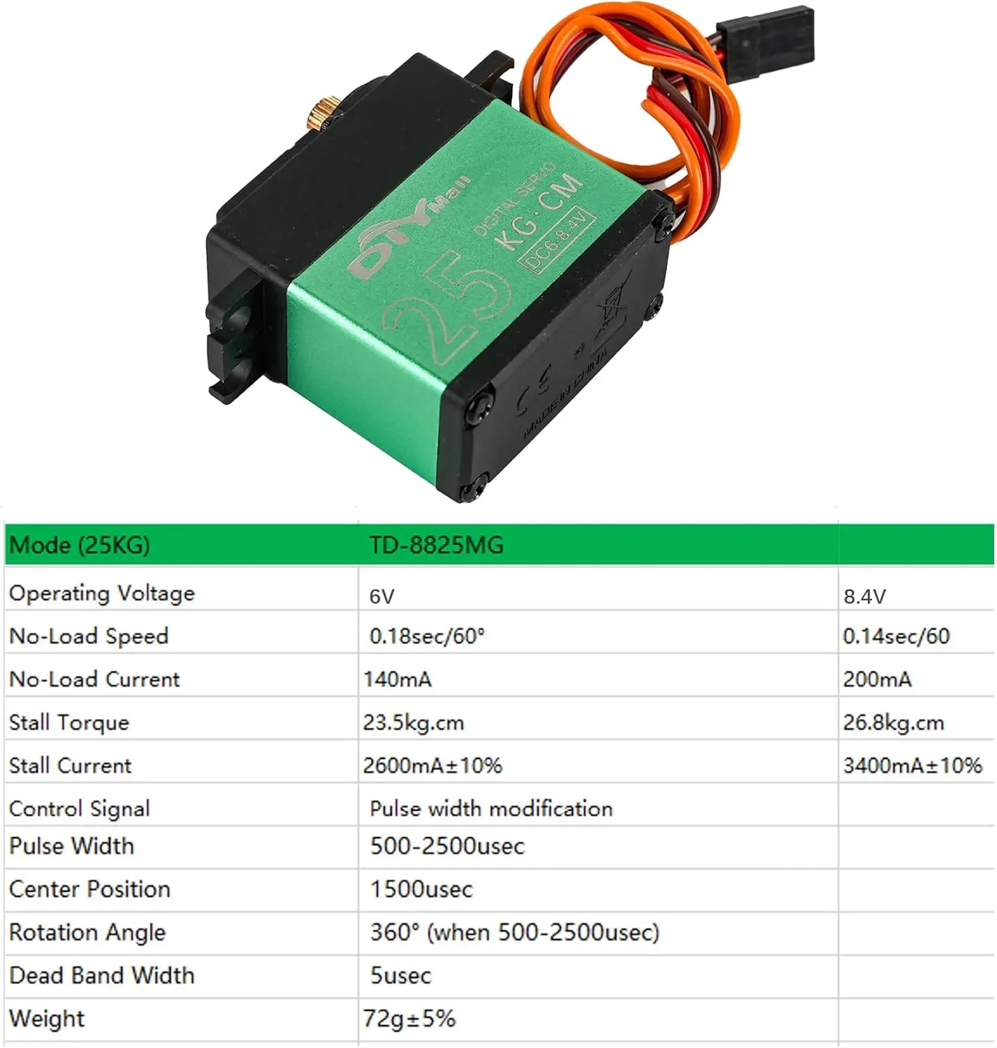 TD-8825MG Digital Servo 25kg High Torque 360 Degree Continuous Rotation Metal Gear RC Servo for Robot Gimbal Car Aircraft