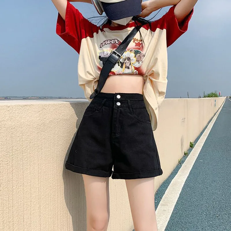 

Versatile High-Waisted Loose-Fit Women's Summer Jeans Slimming Style Casual A- Line Trousers Ruffled Edges Lightweight Shorts