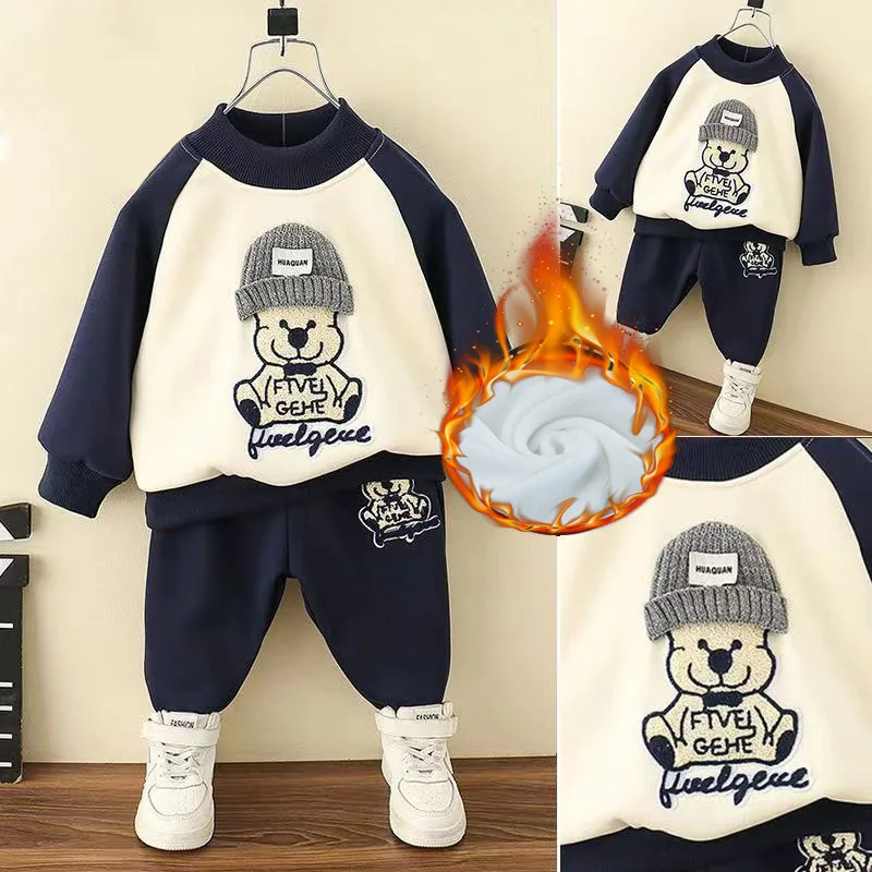 

Boys Padded Sets Children Autumn Plus Velvet Suit Infant Winter Warm Thicken Clothes Kids Cartoon Sweatshirts+Pants 2Pcs Outfits