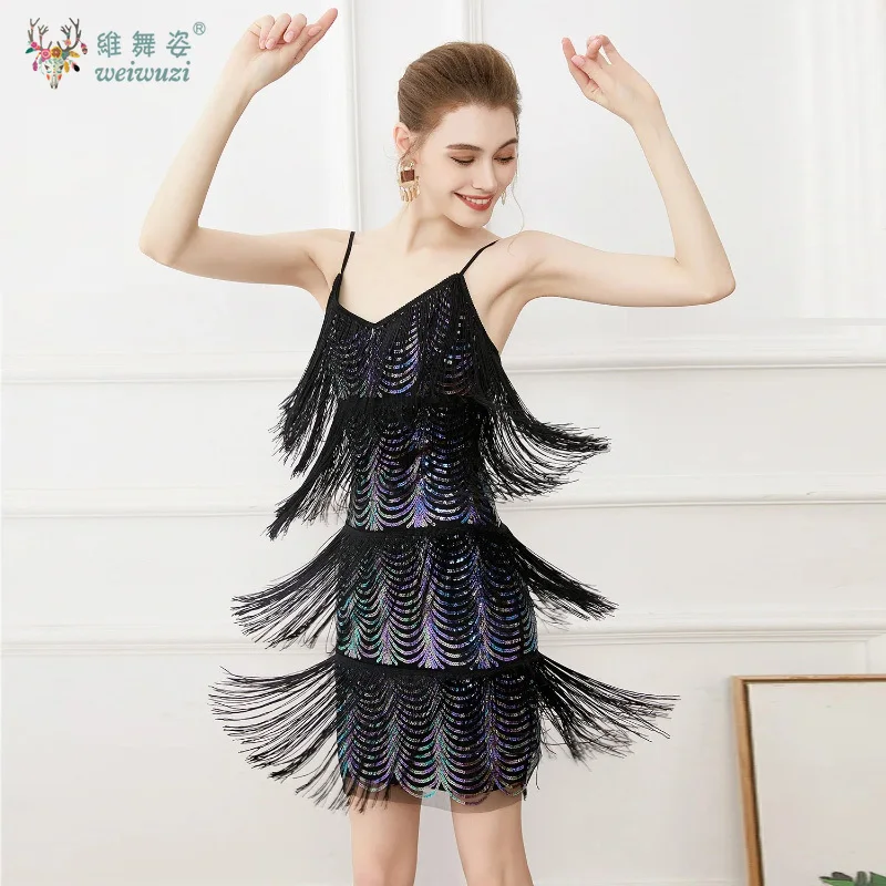 패션 파티 섹시 슬립 스팽글 캐미솔 태슬 라틴 댄스 파티 생일 프롬 칵테일 볼룸 탱고 섹시 V넥 드레스