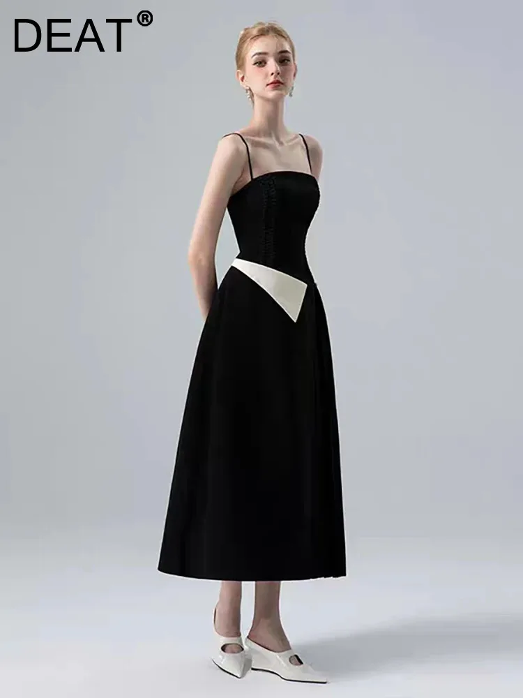 

DEAT Elegant Dress Slip Patchwork Contrast Color Waist Pleated A-line Women's Evening Long Dresses 2024 Summer New Tide 13DB3317