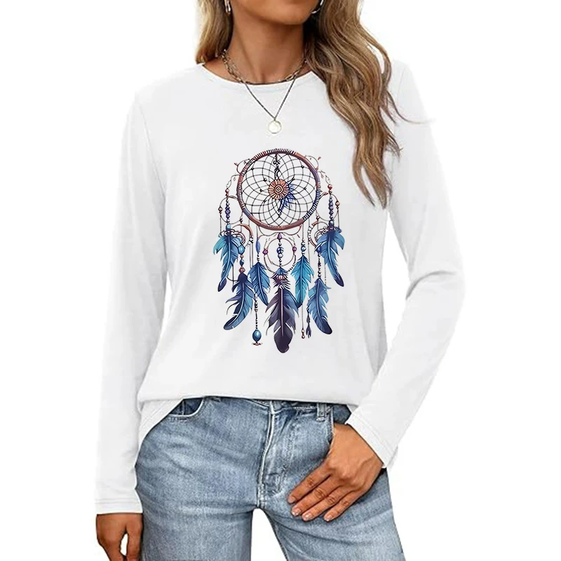 Y2k Graphic Long Sleeve T Shirt with Dreamcatcher Design Bohemian and Bead Print T-shirt Clothes Women's Vintage Tee Tops Tshirt