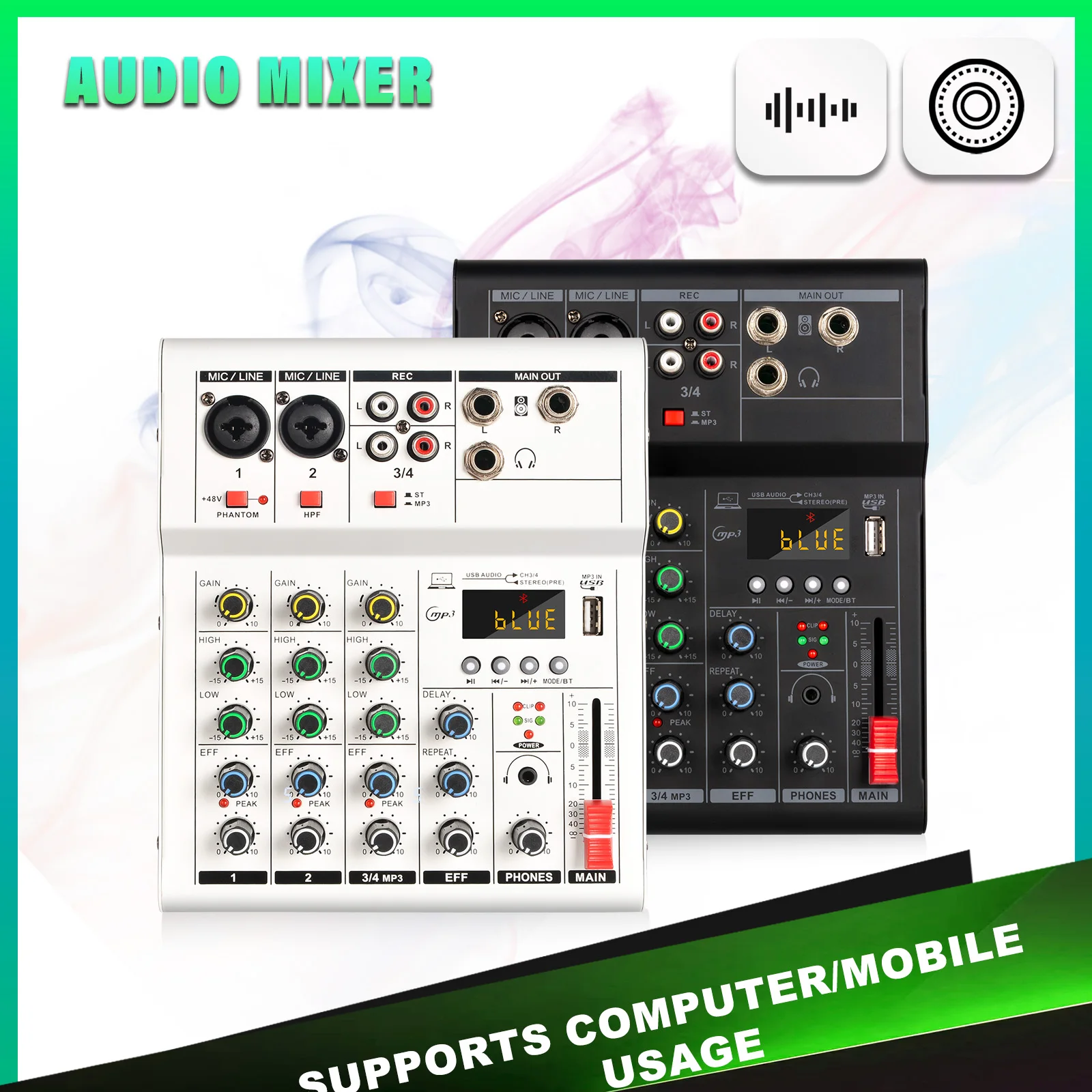 4 Channel  Audio Mixer 48V Phantom Power USB Studio Sound Mixers Wireless Phone Connect Home DJ Console Mixing for KTV