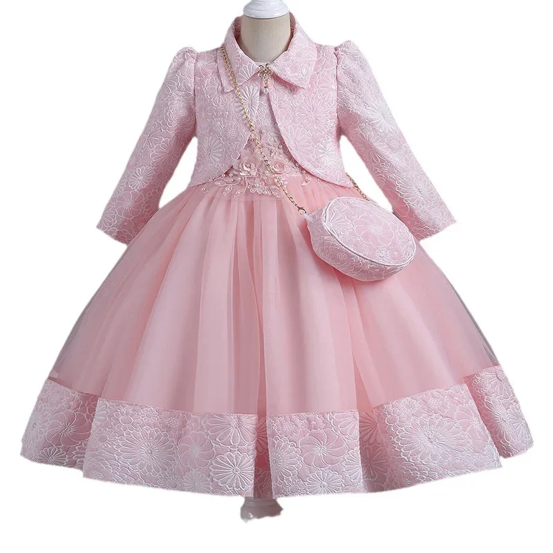 2024 New Girls' Gowns Puffy Yarn Princess Dress Three Piece Set High end Long Sleeve Birthday Wedding Dress